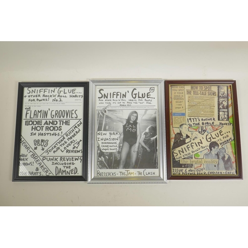 211 - Three framed 'Sniffin Glue' zine cover prints, largest 9½