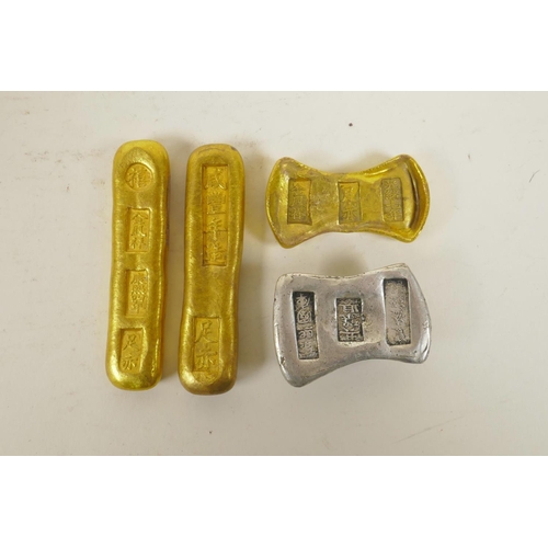 125 - Three Chinese gilt metal trade tokens/ingots, and another in white metal, largest 3½