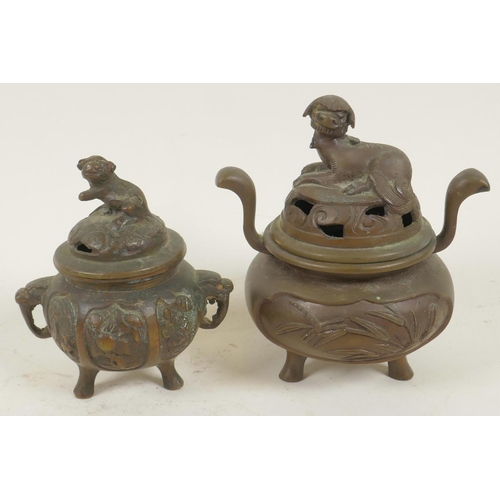 216 - Two small Chinese bronze censers with cast covers, largest 3½