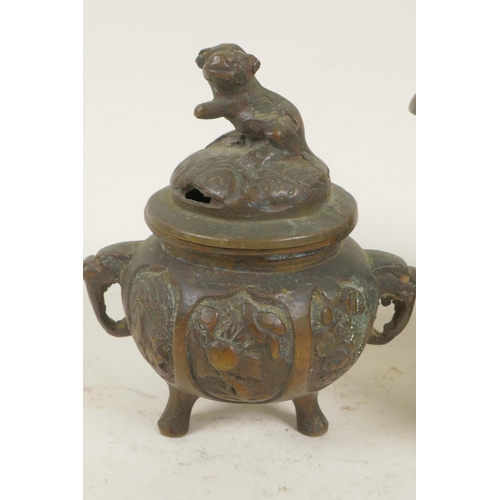 216 - Two small Chinese bronze censers with cast covers, largest 3½