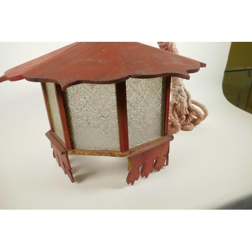 26 - An Oriental painted wood hanging lantern with glass panels, A/F, 18½