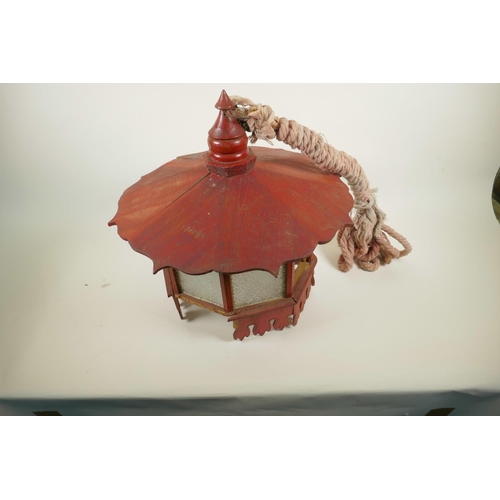 26 - An Oriental painted wood hanging lantern with glass panels, A/F, 18½