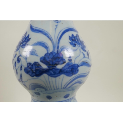 28 - A Yuan style blue and white double gourd vase with crane and lotus flower decoration, 13