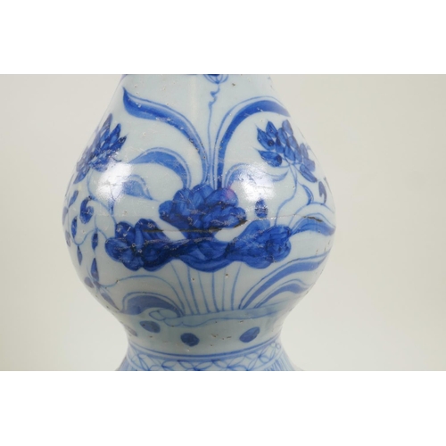 28 - A Yuan style blue and white double gourd vase with crane and lotus flower decoration, 13