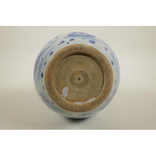 28 - A Yuan style blue and white double gourd vase with crane and lotus flower decoration, 13