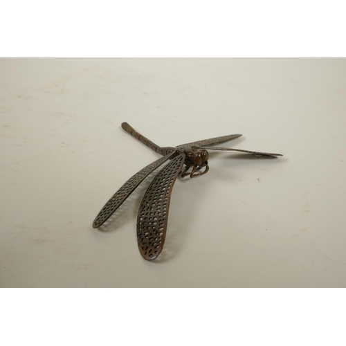 3 - A Japanese Jizai style bronzed metal dragonfly with articulated wings and body, 3