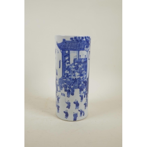 33 - A Chinese blue and white porcelain cylinder vase decorated with 'One Hundred Boys' participating in ... 