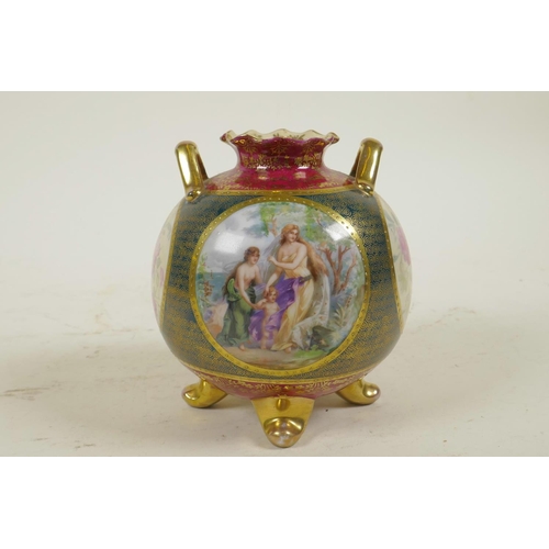 6 - A Vienna porcelain two handled vase in the form of a pomegranate, with transfer printed decorative p... 