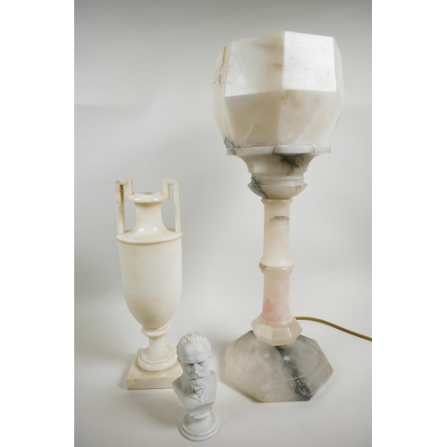 435 - An Art Deco alabaster table lamp, with original alabaster shade mounted on a column base, 21