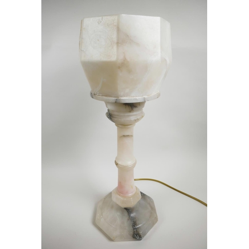 435 - An Art Deco alabaster table lamp, with original alabaster shade mounted on a column base, 21