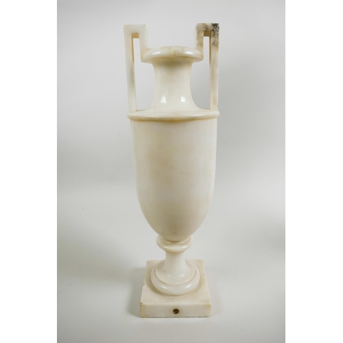 435 - An Art Deco alabaster table lamp, with original alabaster shade mounted on a column base, 21