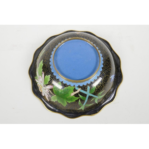 442 - A Chinese black ground cloisonne bowl with frilled rim and chrysanthemum decoration, 8½