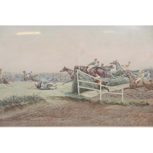 812 - After G.D. Giles, 'Horse goes down at the canal turn', chromolithograph, late C19th, in a reeded oak... 