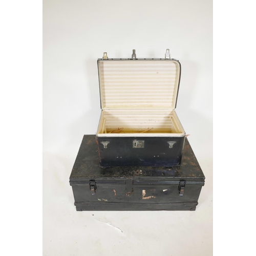 1259 - A 'Finnigans' canvas and leather bound travel trunk together with a tin trunk, largest 36