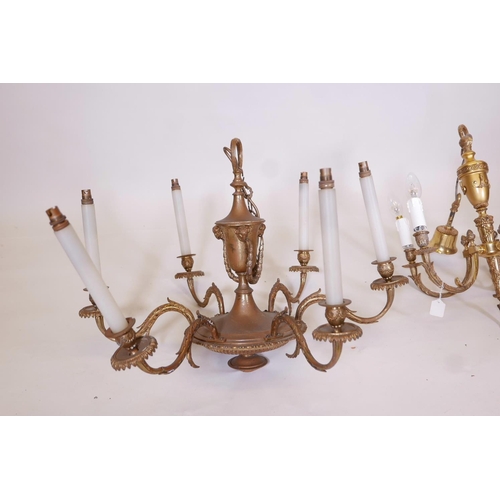 1148 - A brass six branch chandelier, together with another five branch chandelier, largest 26