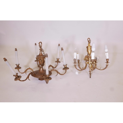 1148 - A brass six branch chandelier, together with another five branch chandelier, largest 26