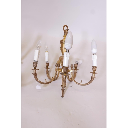 1148 - A brass six branch chandelier, together with another five branch chandelier, largest 26