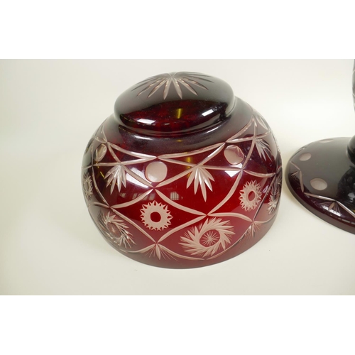 450 - A Bohemian flash cut ruby over clear glass table lamp and mushroom shade, 12