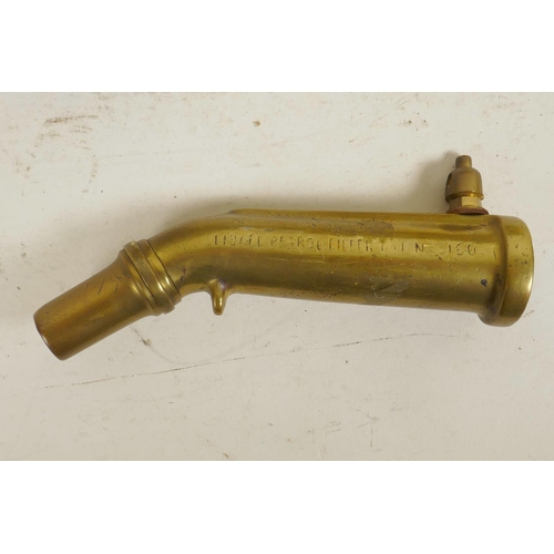 316 - An antique brass car horn, together with a brass petrol pump nozzle/gas can nozzle, 14