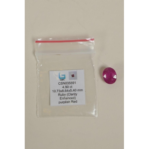 723 - A 4.90ct translucent natural ruby, oval cut, glass filled, colour enhanced, certified, with certific... 