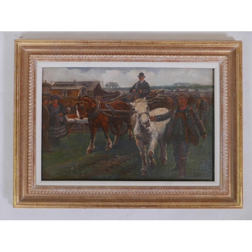 874 - Geoffrey Mortimer (British, 1895-1986), 'The Horse Fair' after Alfred Munnings, oil on canvas laid o... 