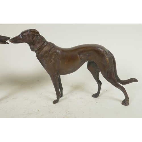 1 - A pair of well cast bronze figures of hounds, 6½