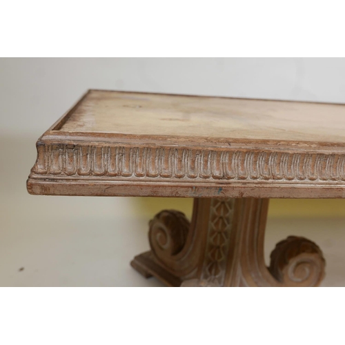 1065 - An Indian teak coffee table, with carved frieze, raised on two scrolled end supports, the top rebate... 