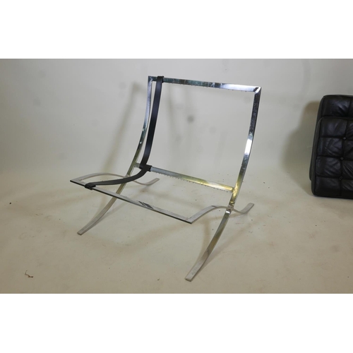 1071 - A chrome and black leather 'Barcelona' chair after Mies van der Rohe, lacks strapping, 29