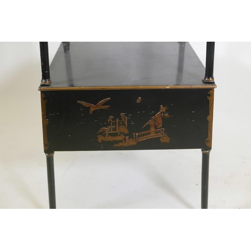 1072 - A chinoiserie back lacquer four tier whatnot on turned supports, with gilt decoration of figures and... 