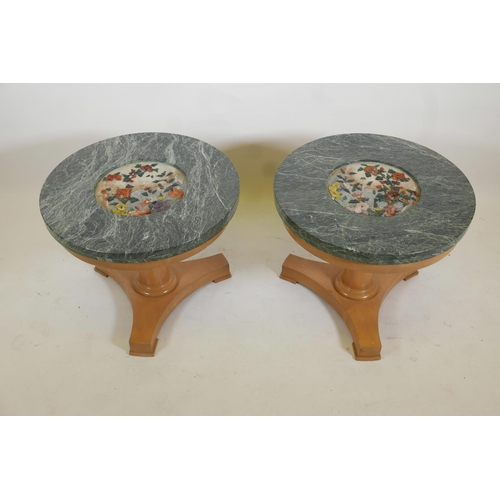 1079 - A pair of beechwood occasional tables with vert de mer marble top inset with pietra dura decoration,... 