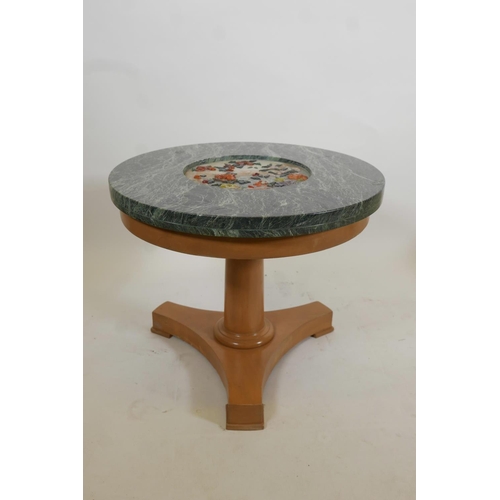 1079 - A pair of beechwood occasional tables with vert de mer marble top inset with pietra dura decoration,... 