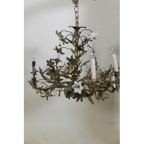 1095 - A gilt brass and opaline glass five branch chandelier, 24