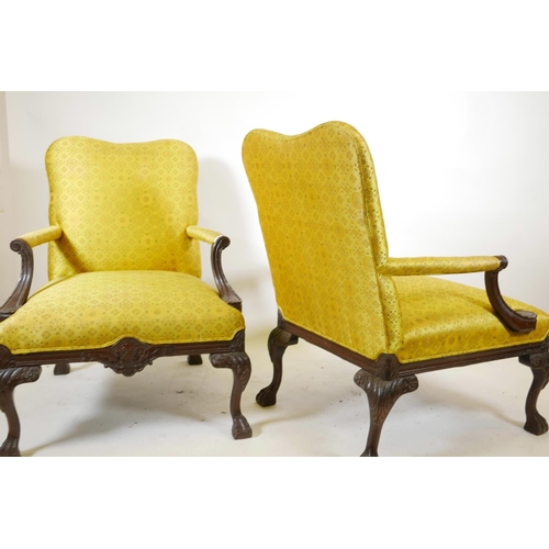 1099 - A pair of Chippendale style open armchairs with Chinese silk covers