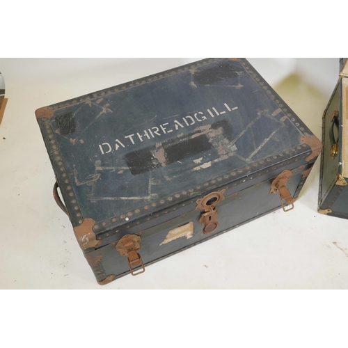 1107 - Two vintage metal strapped travel trunks, largest 36