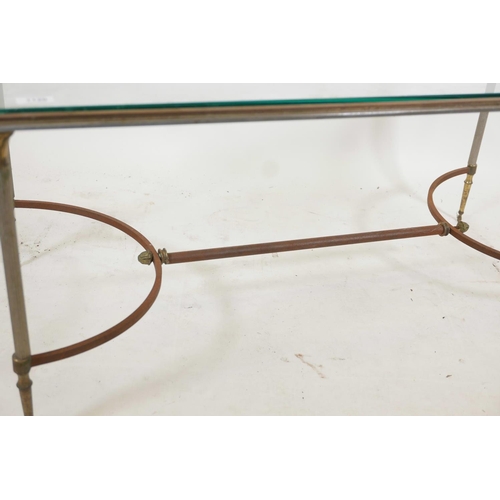 1120 - A chrome, steel and brass occasional table with reeded supports and shaped stretcher, 42