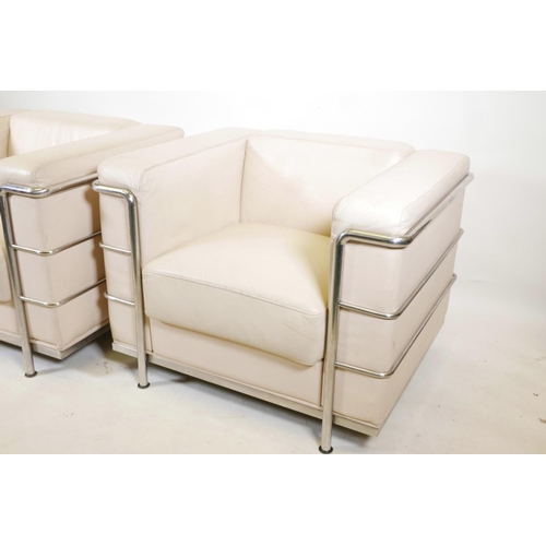 1121 - A pair of Le Corbusier style white leather and chrome LC2 armchairs, 35