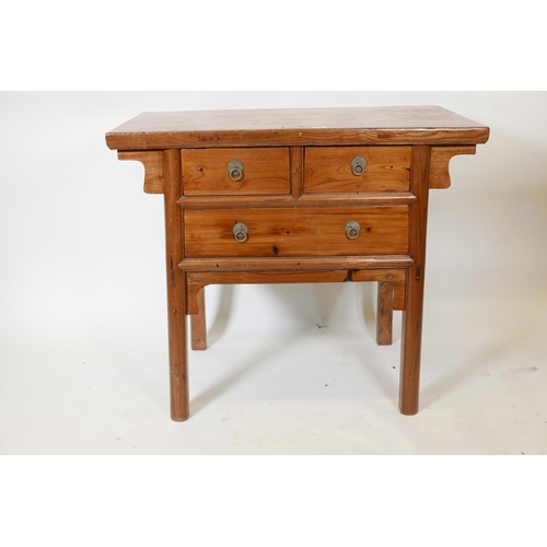 1129 - A Chinese elm side table with two short drawers over a single long drawer, 39½