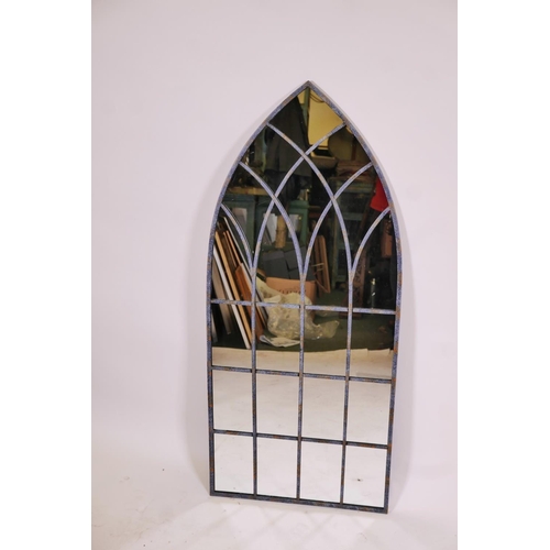 1140 - A Gothic style wall mirror with galvanised frame and lattice decoration, 45½