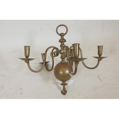 1144 - An C18th Dutch style brass five branch chandelier, 19