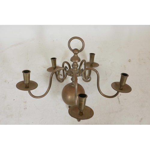 1144 - An C18th Dutch style brass five branch chandelier, 19