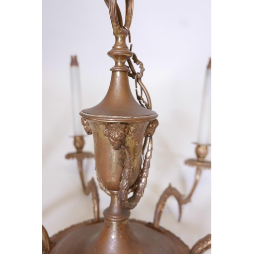 1148 - A brass six branch chandelier, together with another five branch chandelier, largest 26