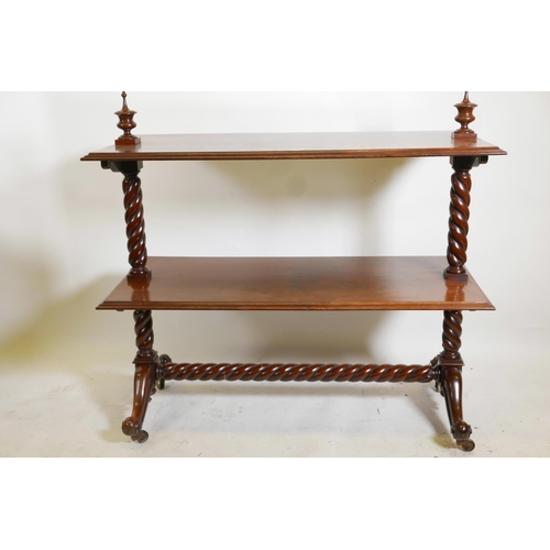 1156 - A C19th mahogany two tier buffet, raised on twisted columns and cabriole supports with scroll ends, ... 