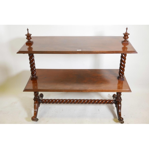 1156 - A C19th mahogany two tier buffet, raised on twisted columns and cabriole supports with scroll ends, ... 