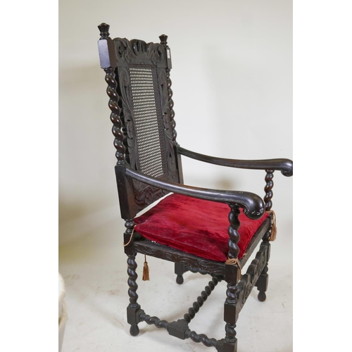 1161 - A C19th open armchair with carved and pierced back, barleytwist columns and supports, and scroll arm... 