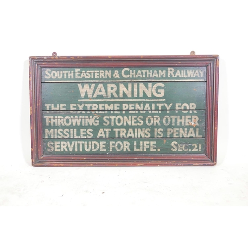 1176 - A replica South Eastern & Chatham Railway warning sign, hand sign written on wood, 30