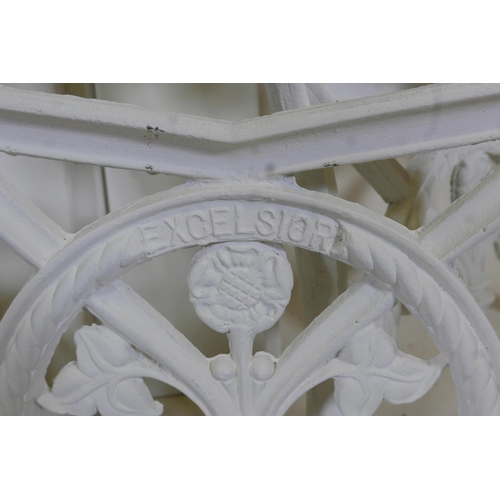 1189 - A pair of C19th 'Excelsior' cast iron bench ends with Tudor rose decoration, shot blasted and painte... 