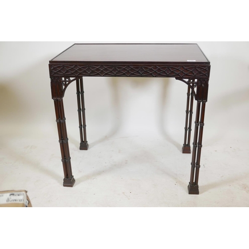 1192 - A Chinese, Chippendale style mahogany silver table, with blind fret frieze and pierced brackets, rai... 