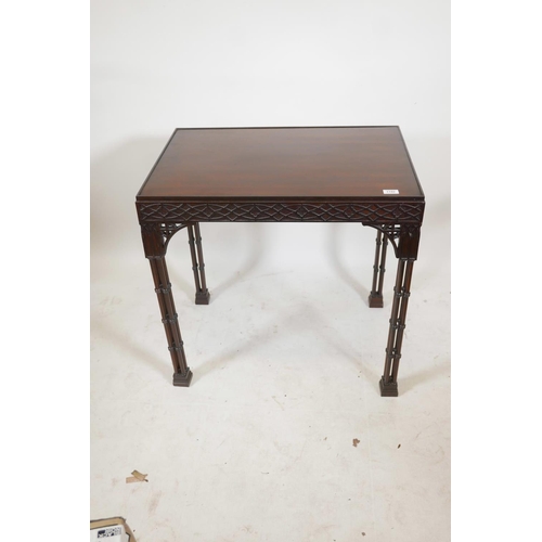 1192 - A Chinese, Chippendale style mahogany silver table, with blind fret frieze and pierced brackets, rai... 