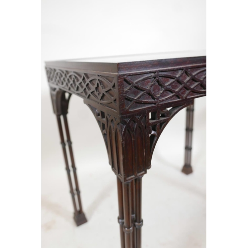 1192 - A Chinese, Chippendale style mahogany silver table, with blind fret frieze and pierced brackets, rai... 