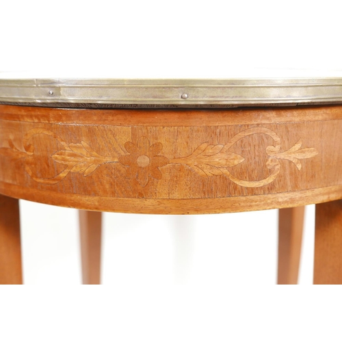 1193 - A C19th French inlaid walnut single drawer side table with brass mount and inset marble top, 22